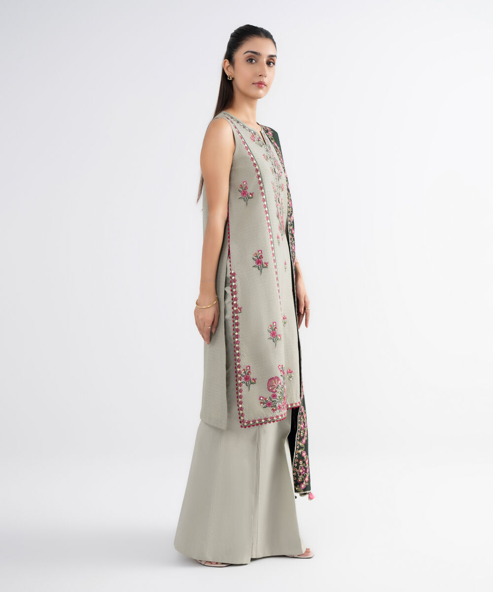 Women's Unstitched Dobby Embroidered Beige 3 Piece Suit