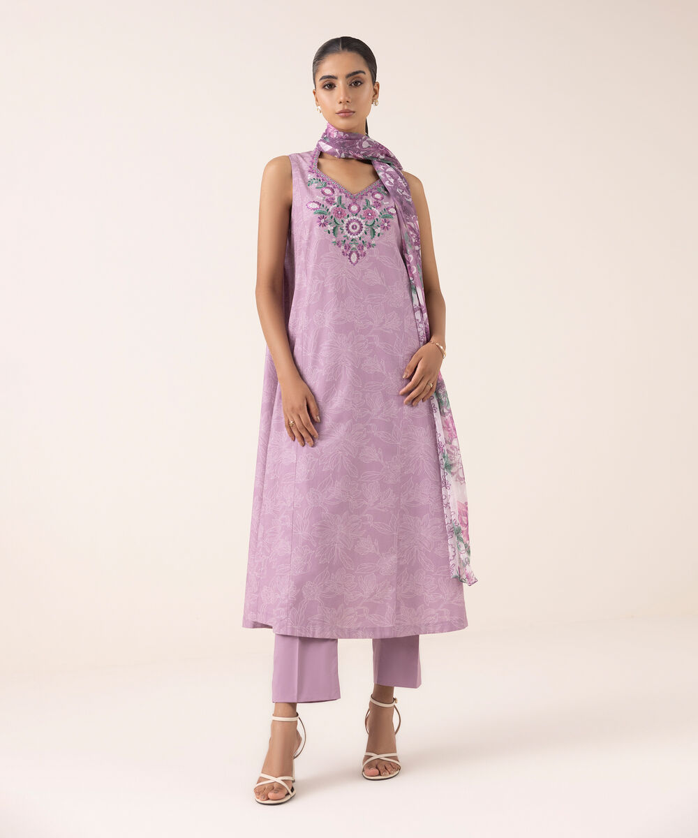 Women's Unstitched Cotton Embroidered Lilac Three Piece Suit