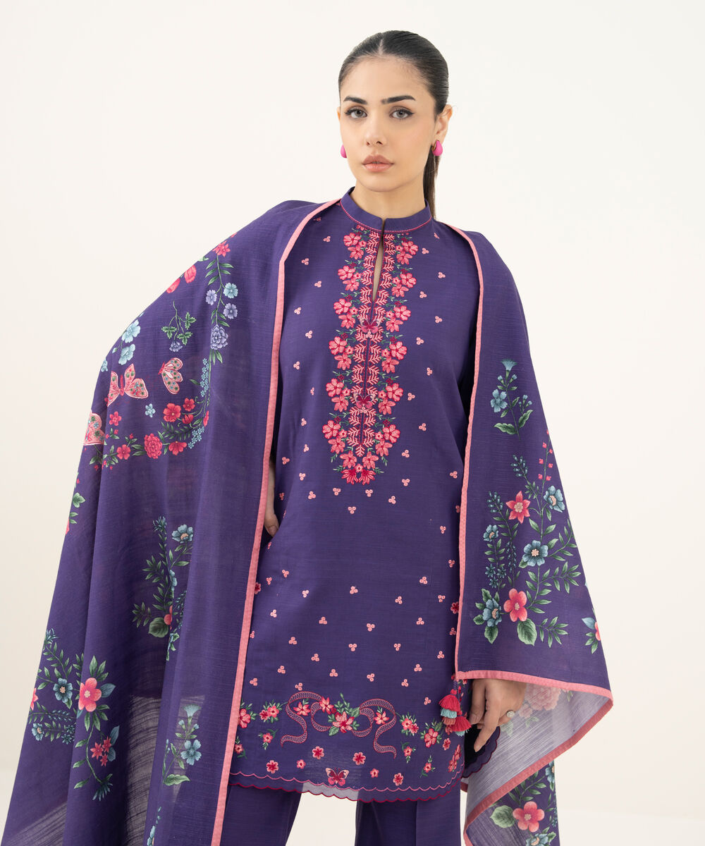 Women's Unstitched Embroidered Khaddar Purple and Pink 3 Piece Suit