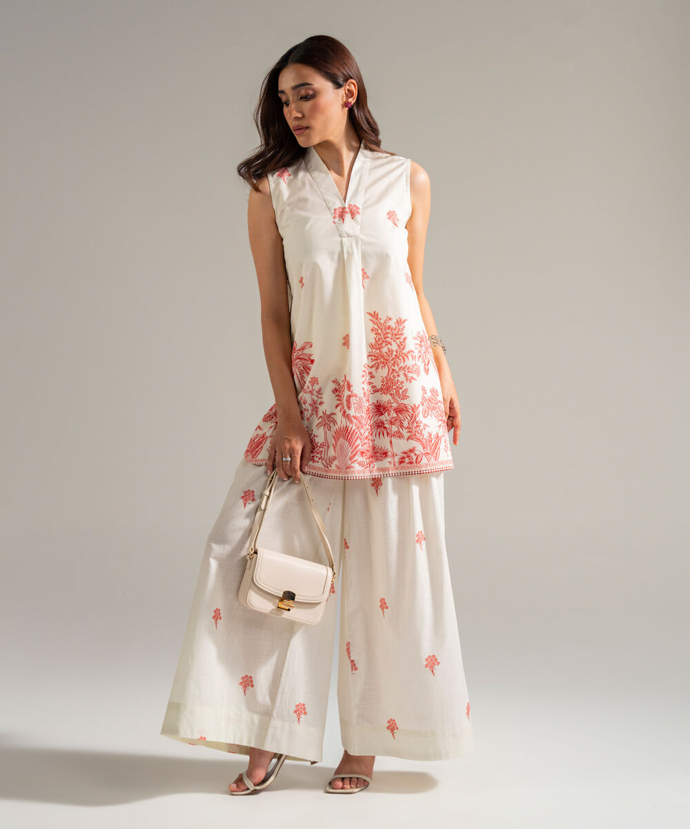 Women's RTW Slub Lawn Printed Off White Straight Shirt
