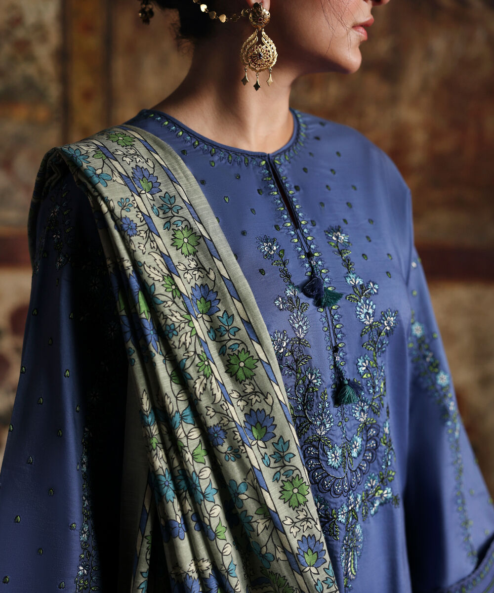 Women's Unstitched Textured Cotton Embroidered Blue 2 Piece Suit