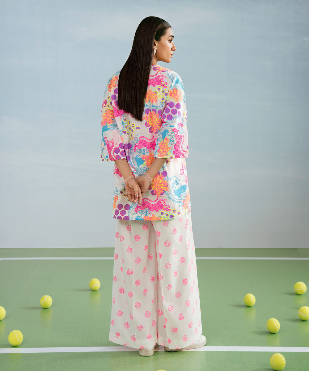 Women's RTW Dobby Printed White 2 Piece Suit