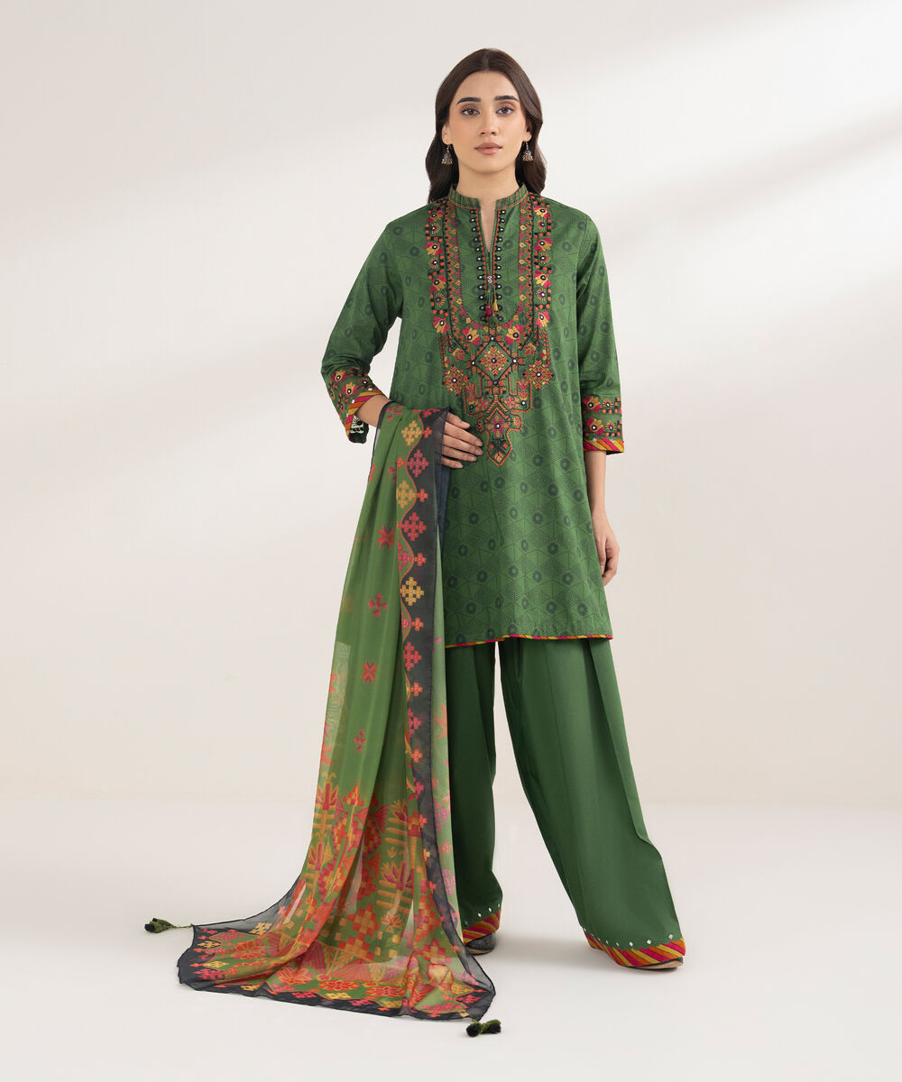 Women's Unstitched Cotton Embroidered Green 3 Piece Suit