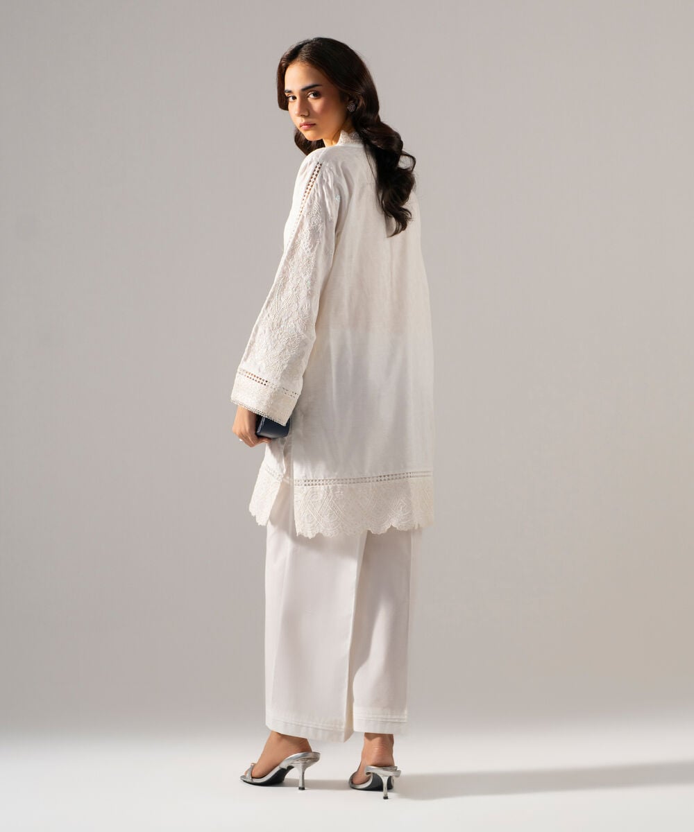 Women's RTW Self Jacquard Solid Embroidered Off White 2 Piece Suit
