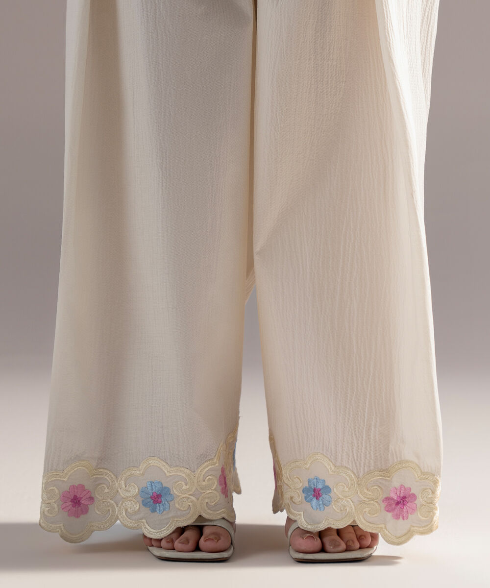 Women's RTW Seersucker Embroidered Off White Farshi Shalwar