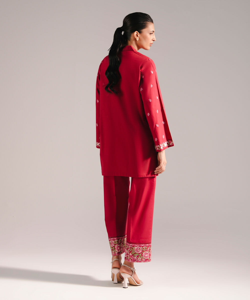 Women's RTW Slub Lawn Embroidered Maroon 2 Piece Suit