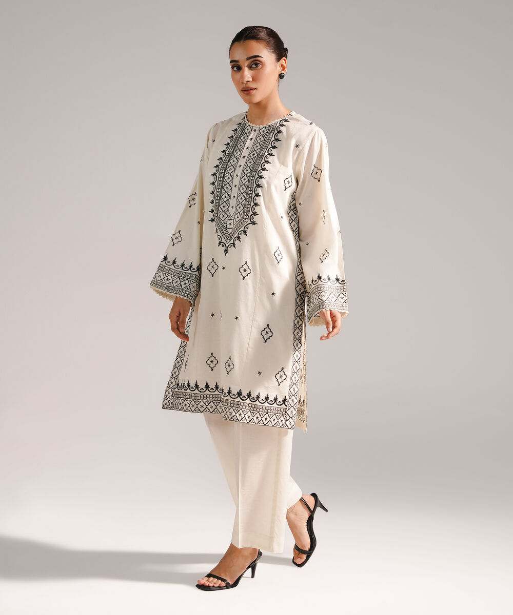 Women's RTW Self Jacquard Embroidered Off White 2 Piece Suit