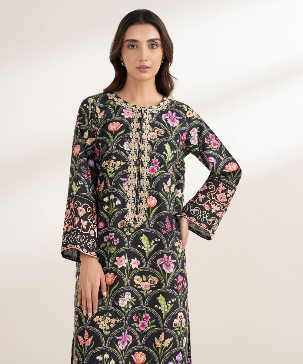 Women's RTW Khaddar Embroidered A-Line Black Shirt