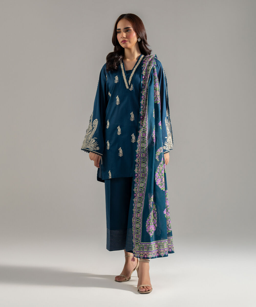 Women's RTW Fine Voil Printed Teal Dupatta
