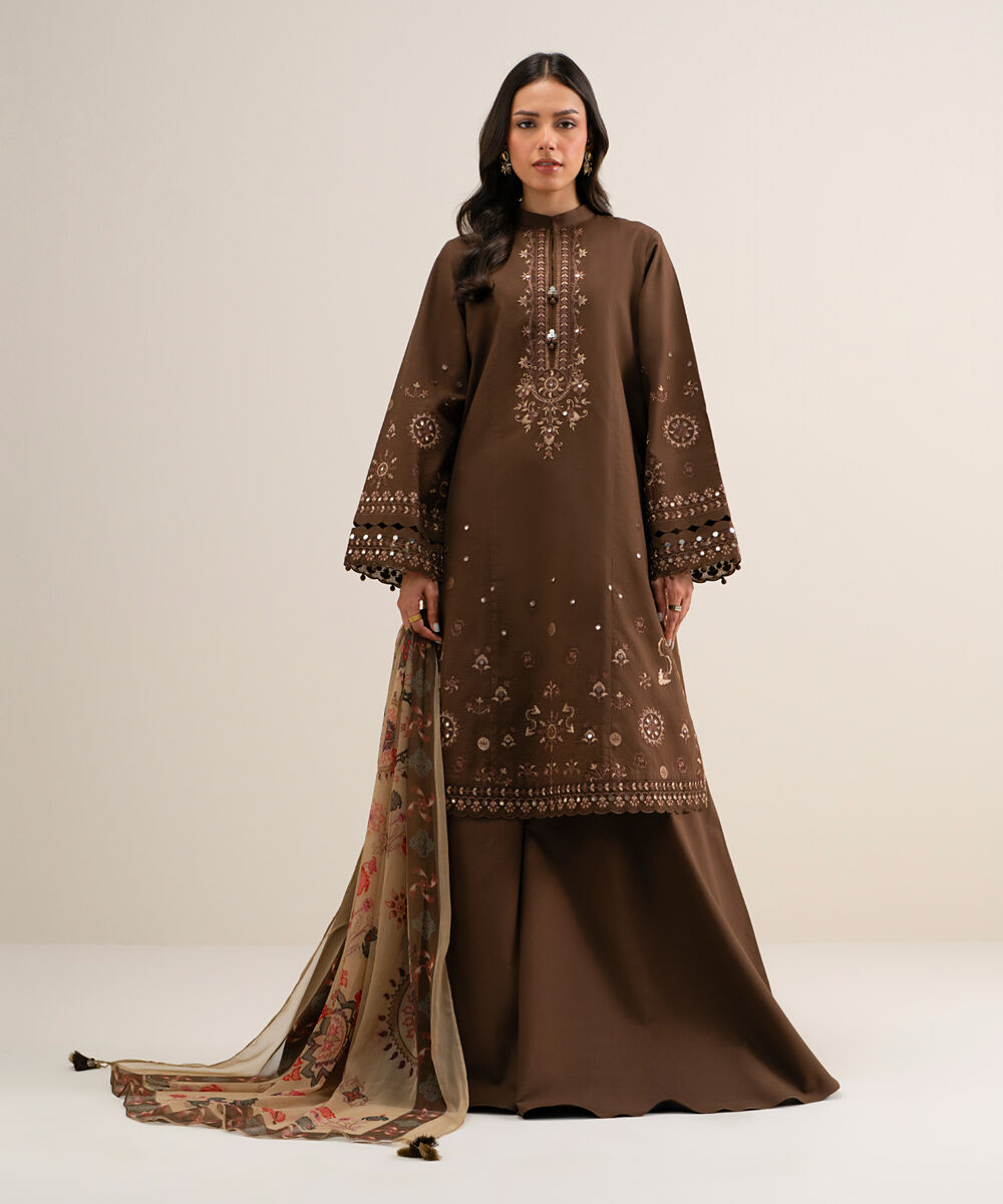 Women's Unstitched Embroidered Cotton Viscose Dark Brown 3 Piece Suit