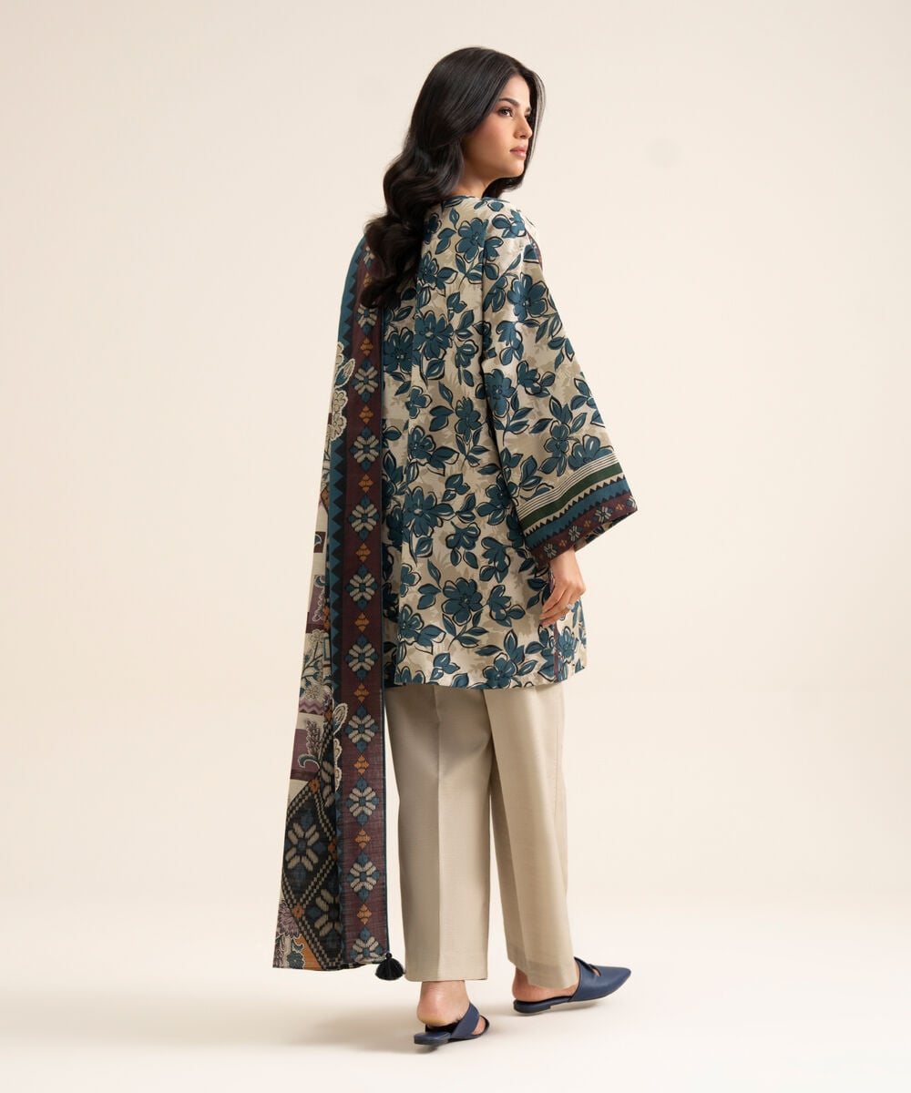 Women's Unstitched Light Khaddar Printed Blue & Off White 3 Piece Suit