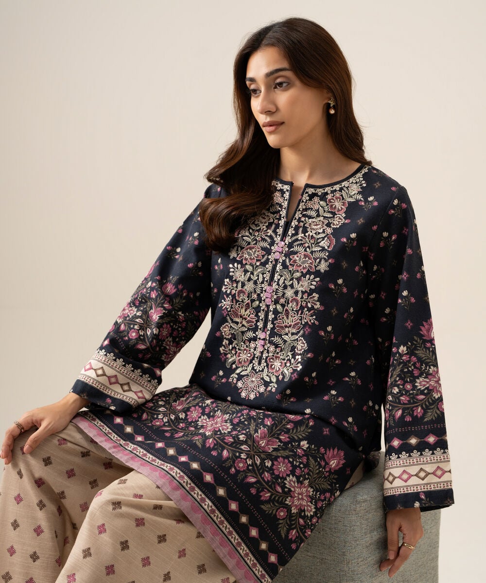 Women's Unstitched Light Khaddar Embroidered Plum 2 Piece Suit