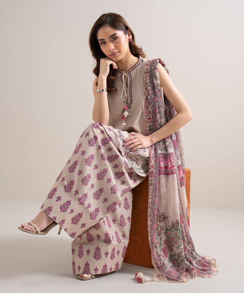 Women's Unstitched Textured Lawn Embroidered Beige   3 Piece Suit