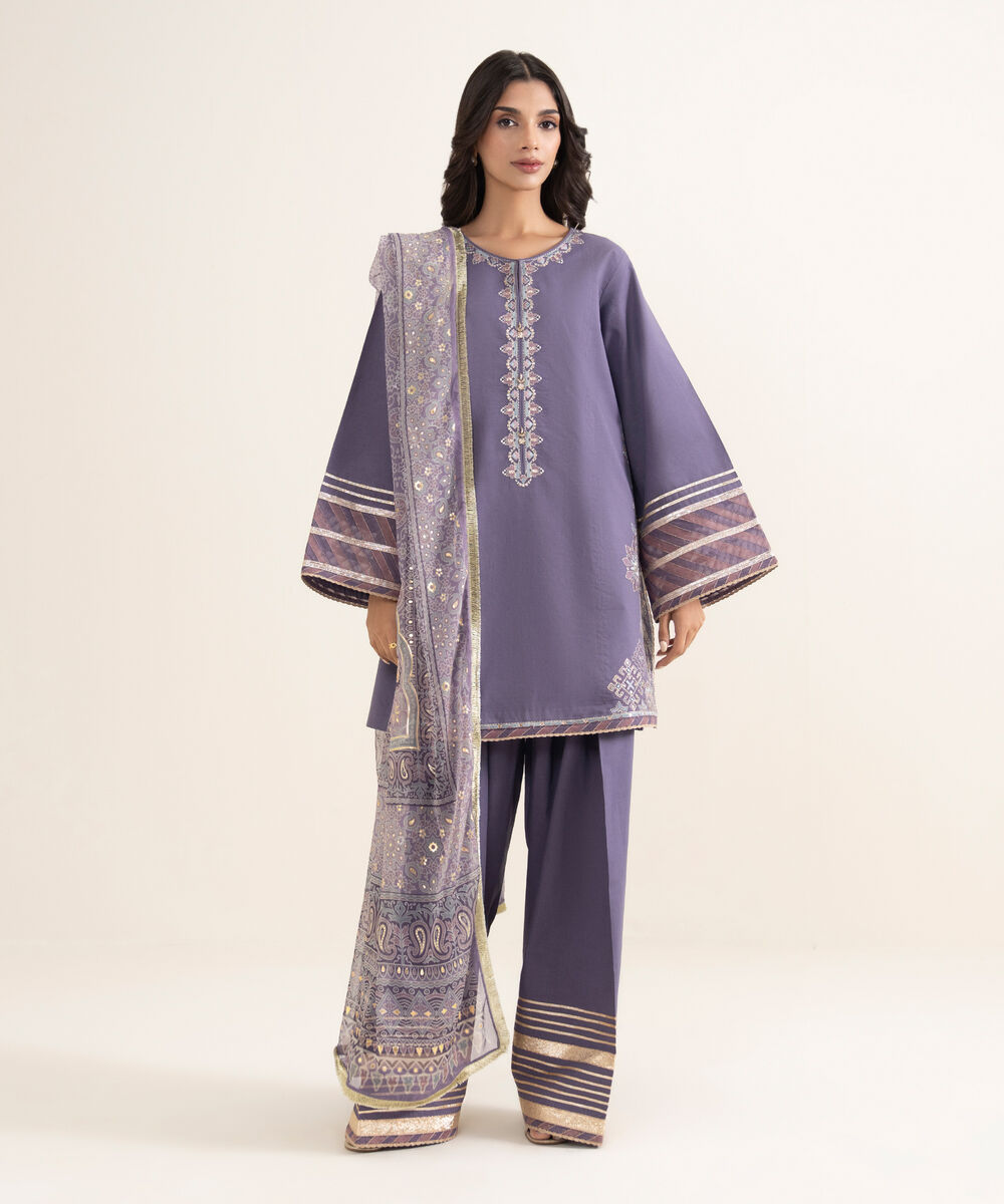 Women's Unstitched Textured Lawn Embroidered Purple 3 Piece Suit