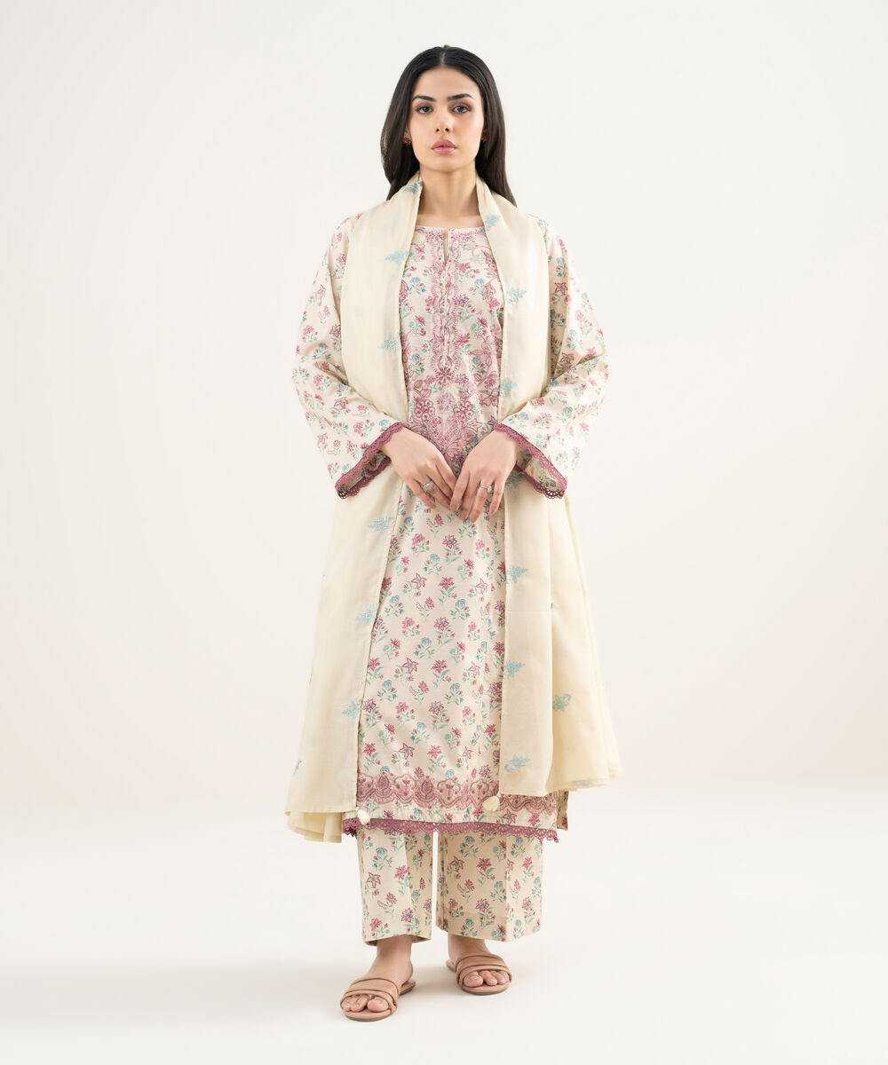 Women's RTW Slub Lawn Embroidered Off White A-Line Shirt