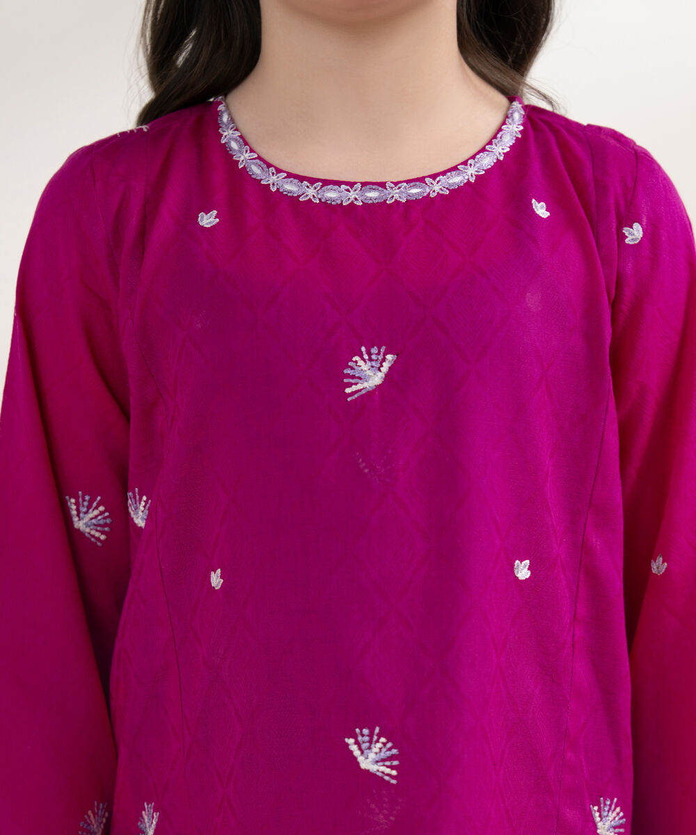 Girl's Self Jacquard Embroidered Pink 2 Piece Suit