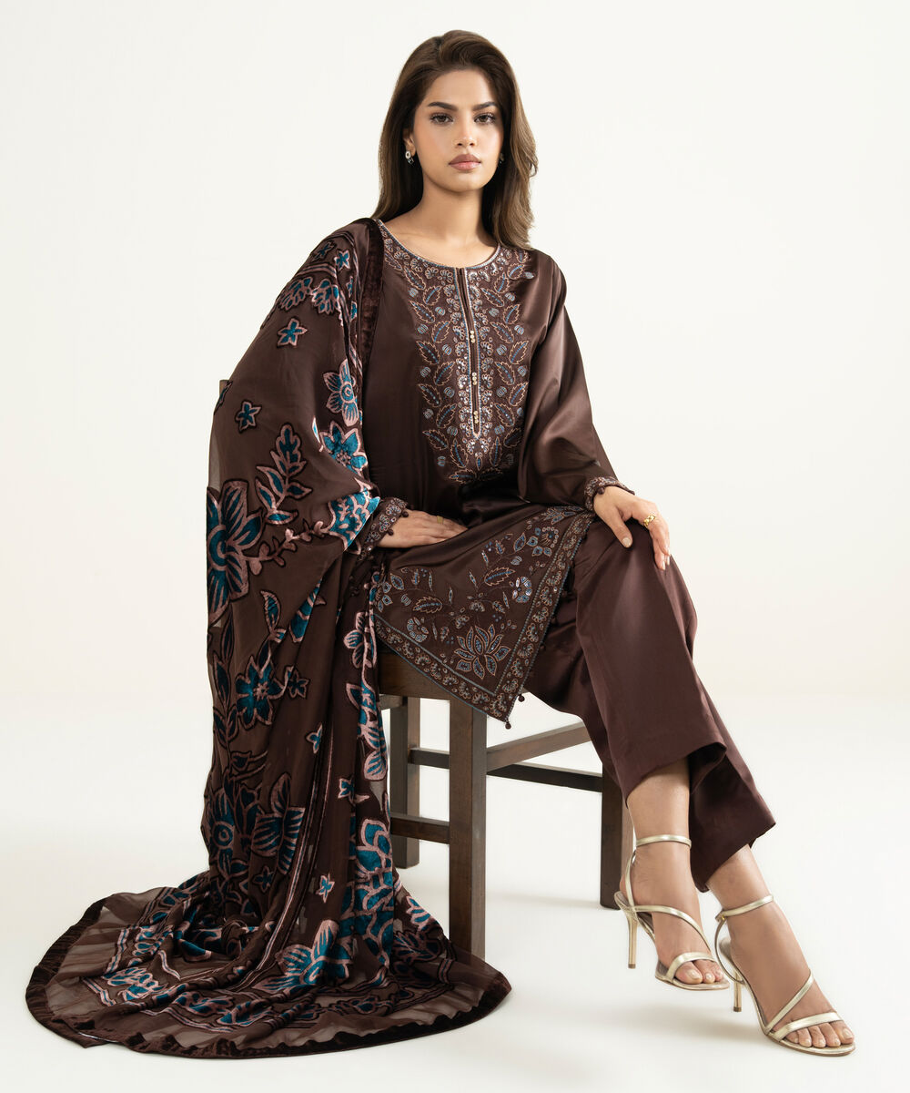 Women's Unstitched Blended Satin 3 Piece Suit