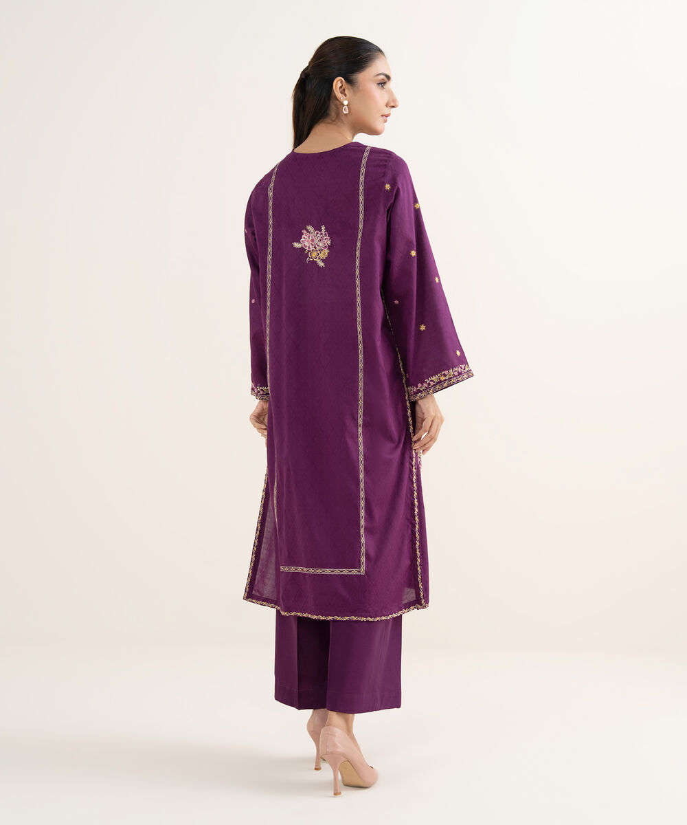 Women's RTW Self Jacquard Embroidered A-Line Purple Shirt