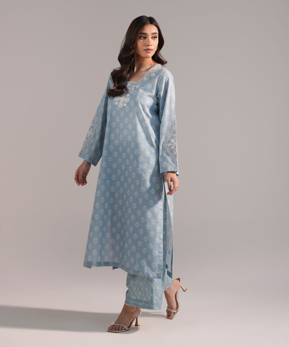 Women's RTW Slub Lawn Embroidered Blue Straight Shirt