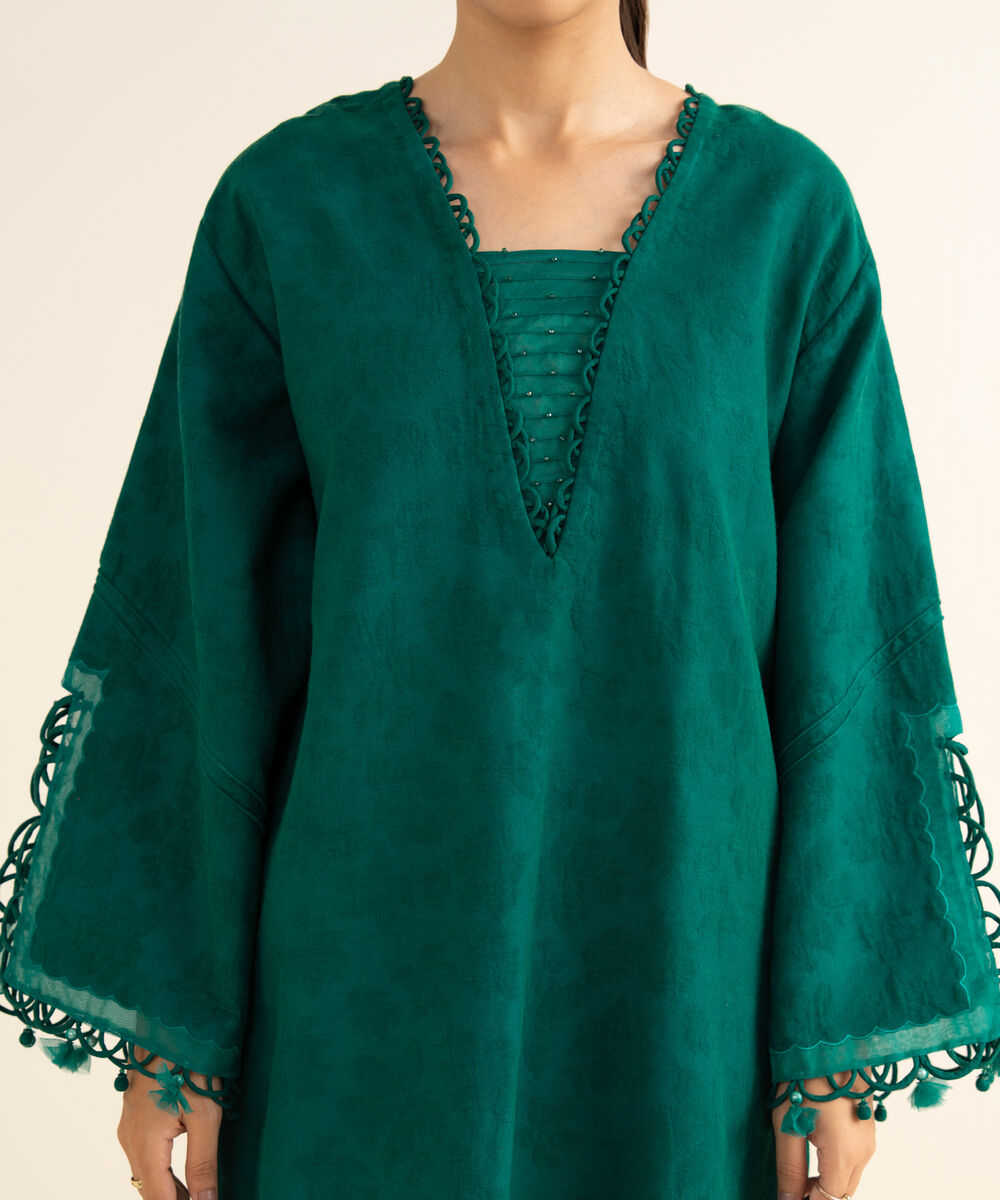 Women's Unstitched Cotton Jacquard Embroidered Green 3 Piece Suit