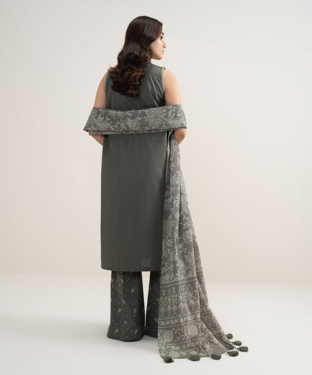 Women's Unstitched Dobby Embroidered Grey 3 Piece Suit