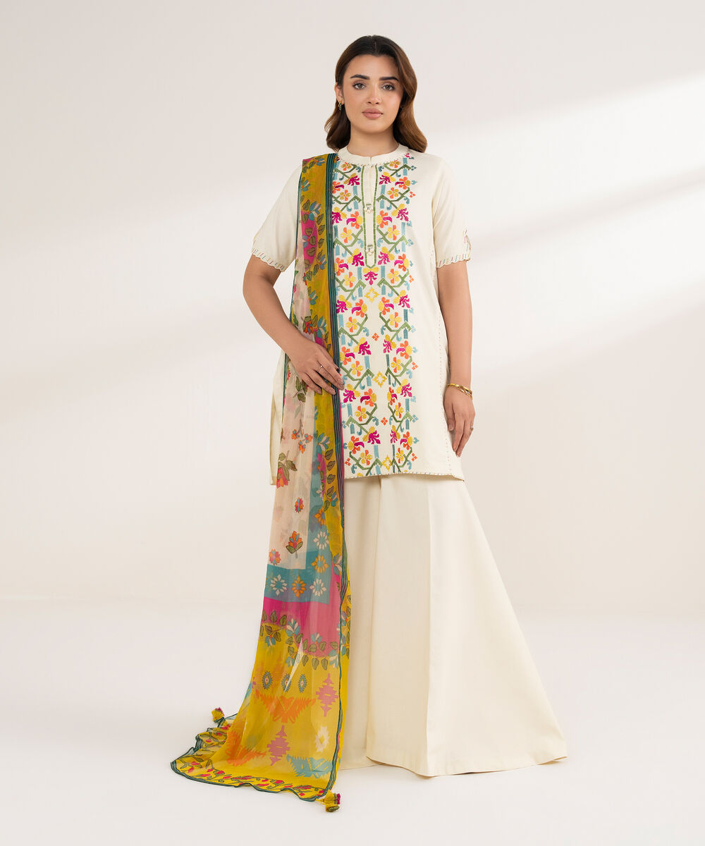 Women's Unstitched Cotton Embroidered Off White 3 Piece Suit