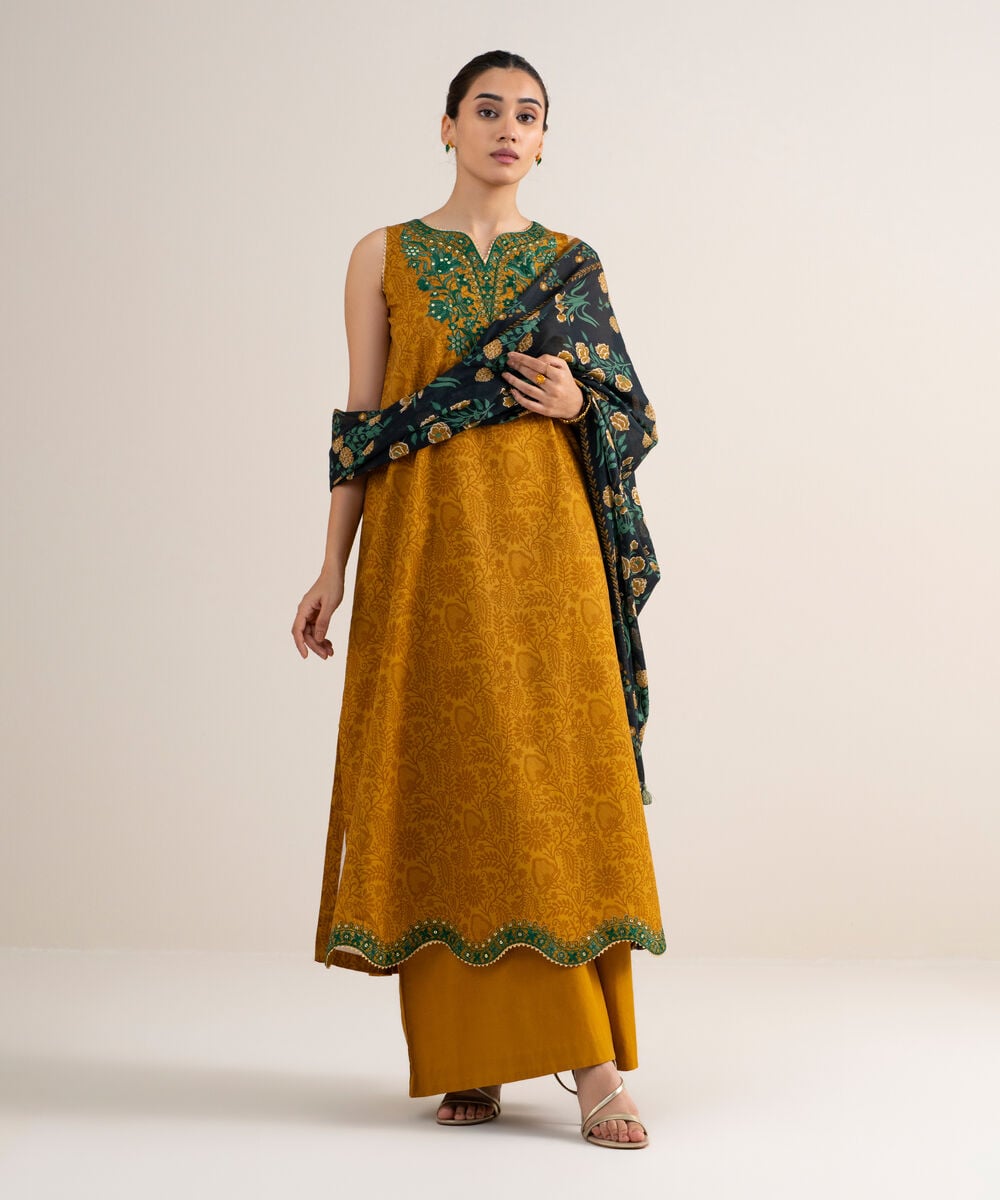 Women's Unstitched Cotton Embroidered Yellow 3 Piece Suit