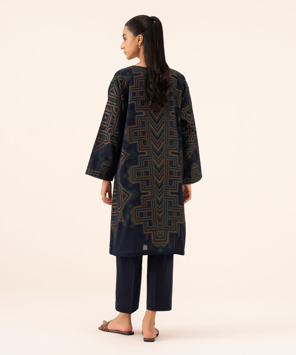 Women's RTW Extra Weft Jacquard Blue Solid Drop Shoulder Shirt