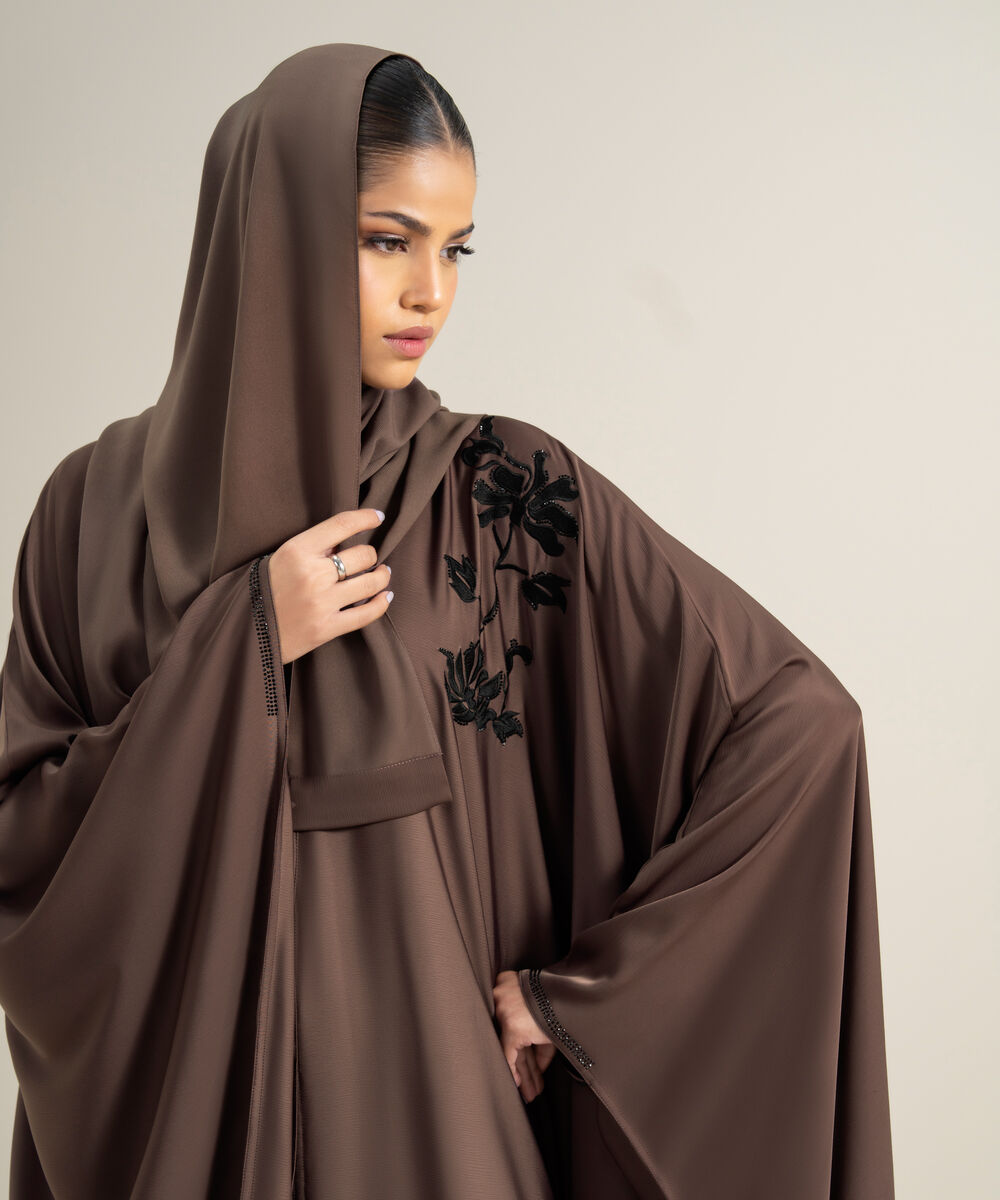 Women's Polyester Brown Embellished Cape Abbaya Set
