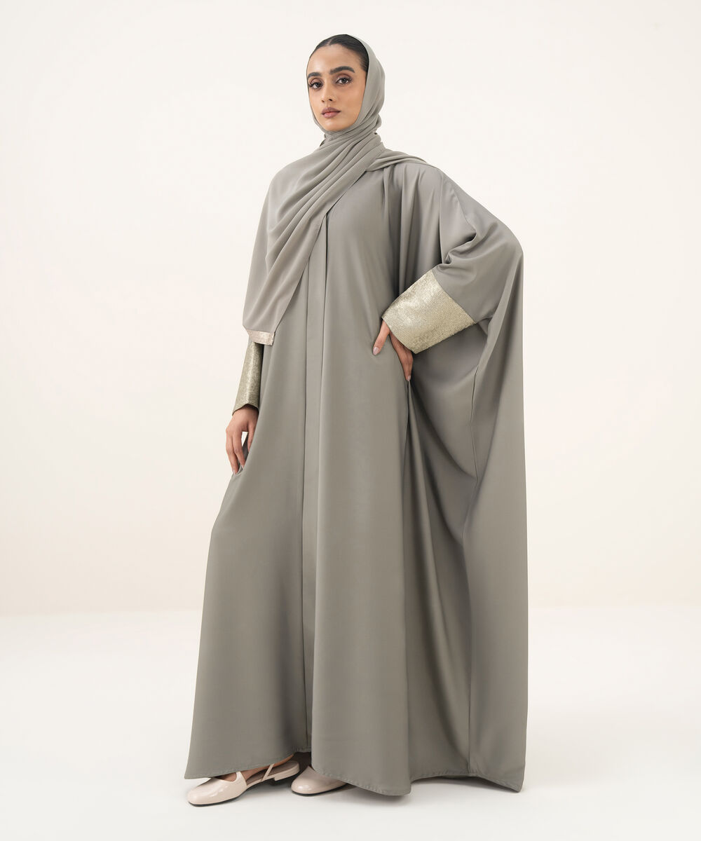 Women's sage green button through kaftan Abaya set