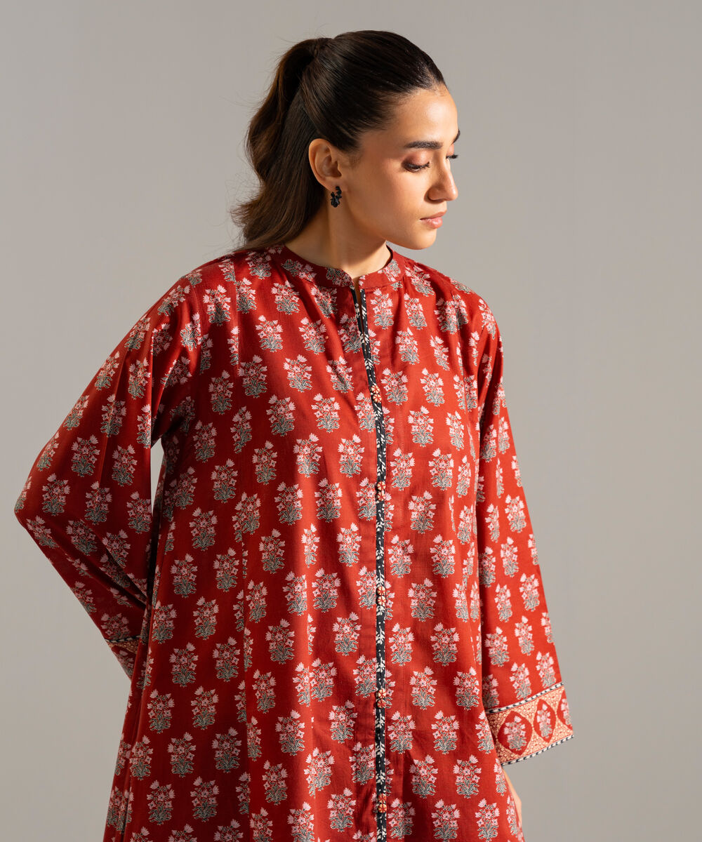 Women's RTW Slub Lawn Printed Maroon A-Line Shirt