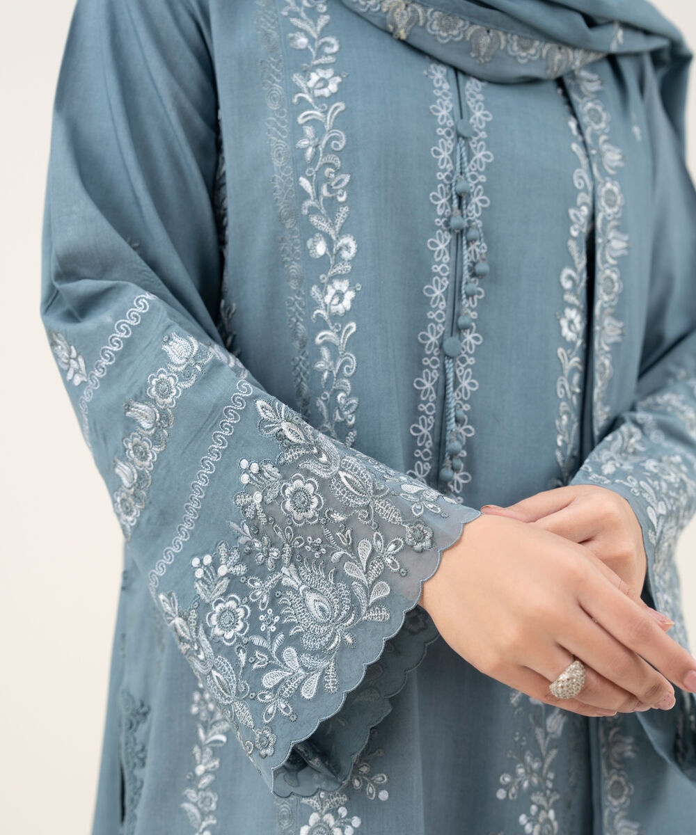 Women's Unstitched Embroidered Linen Aqua Blue 3 Piece Suit