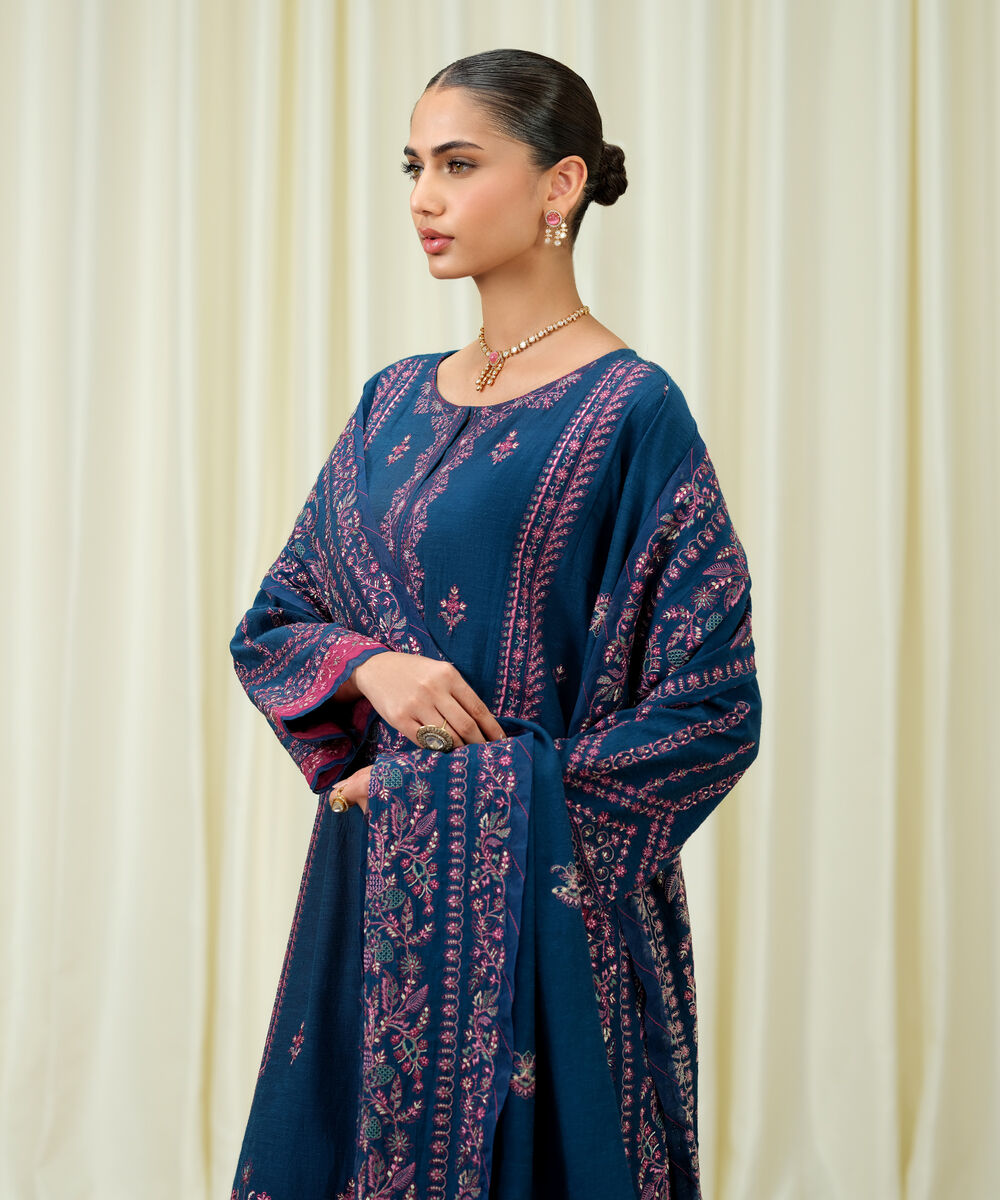 Women's Unstitched Viscose Karandi Embroidered Blue 3 Piece Suit