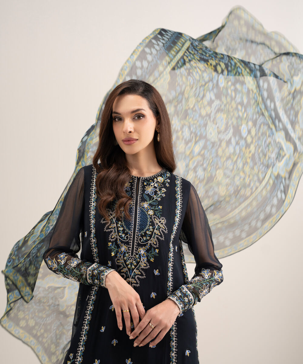 Women's Unstitched Blended Chiffon Embroidered Black 3 Piece Suit