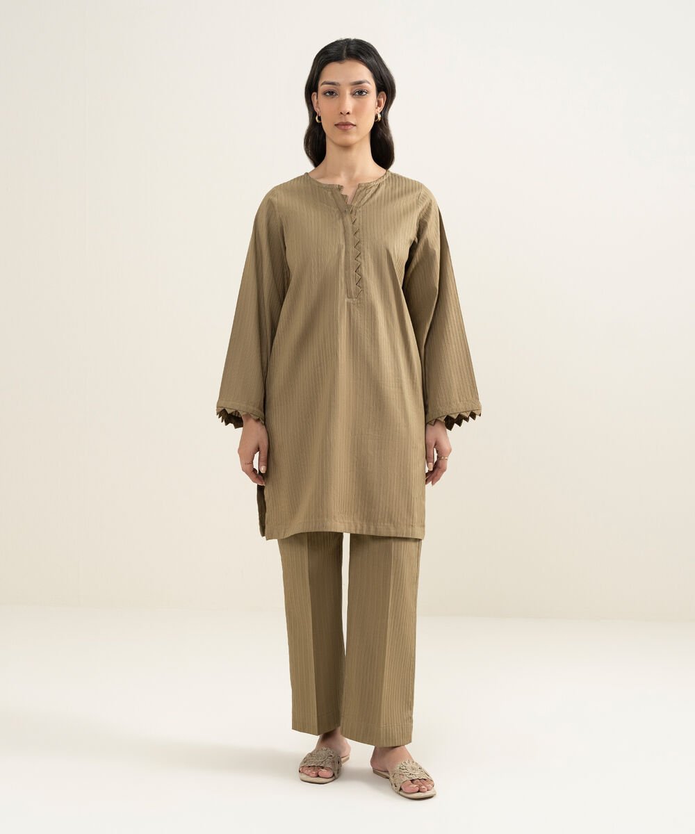 Women's RTW Dobby Solid Beige Straight Shirt