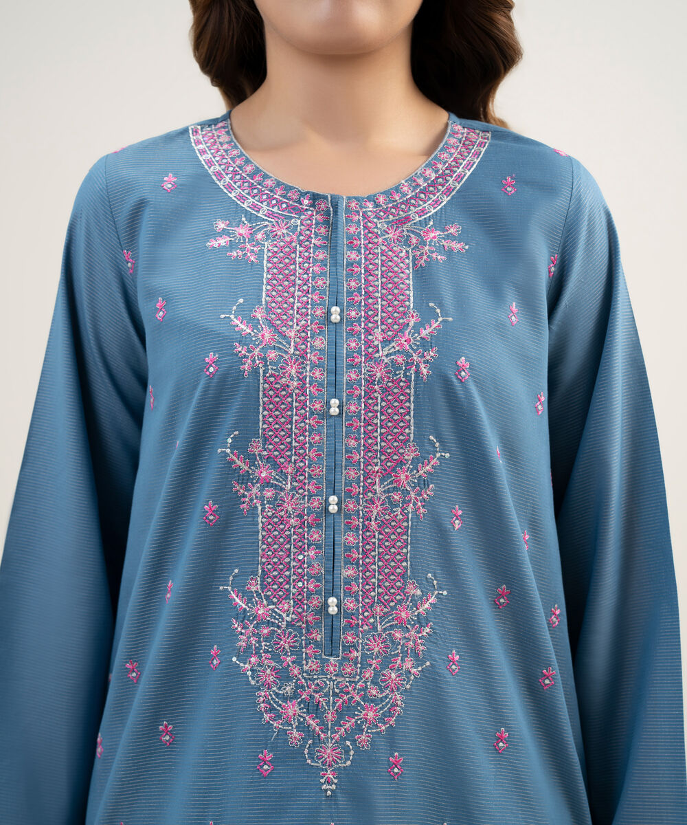 Women's RTW Zari Lawn Embroidered Blue Straight Shirt
