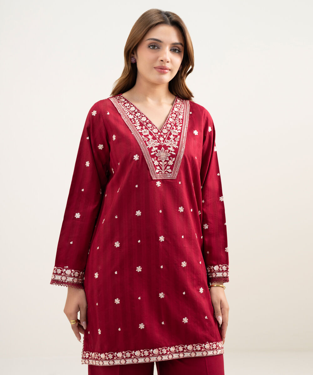 Women's RTW Dobby Embroidered Maroon 2 Piece Suit