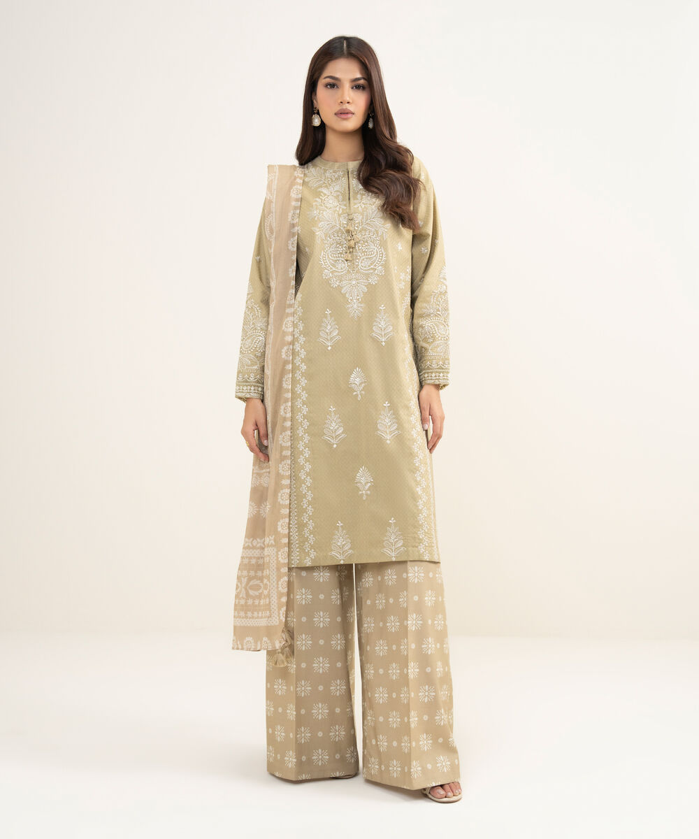 Women's Unstitched Dobby Embroidered Beige 3 Piece Suit