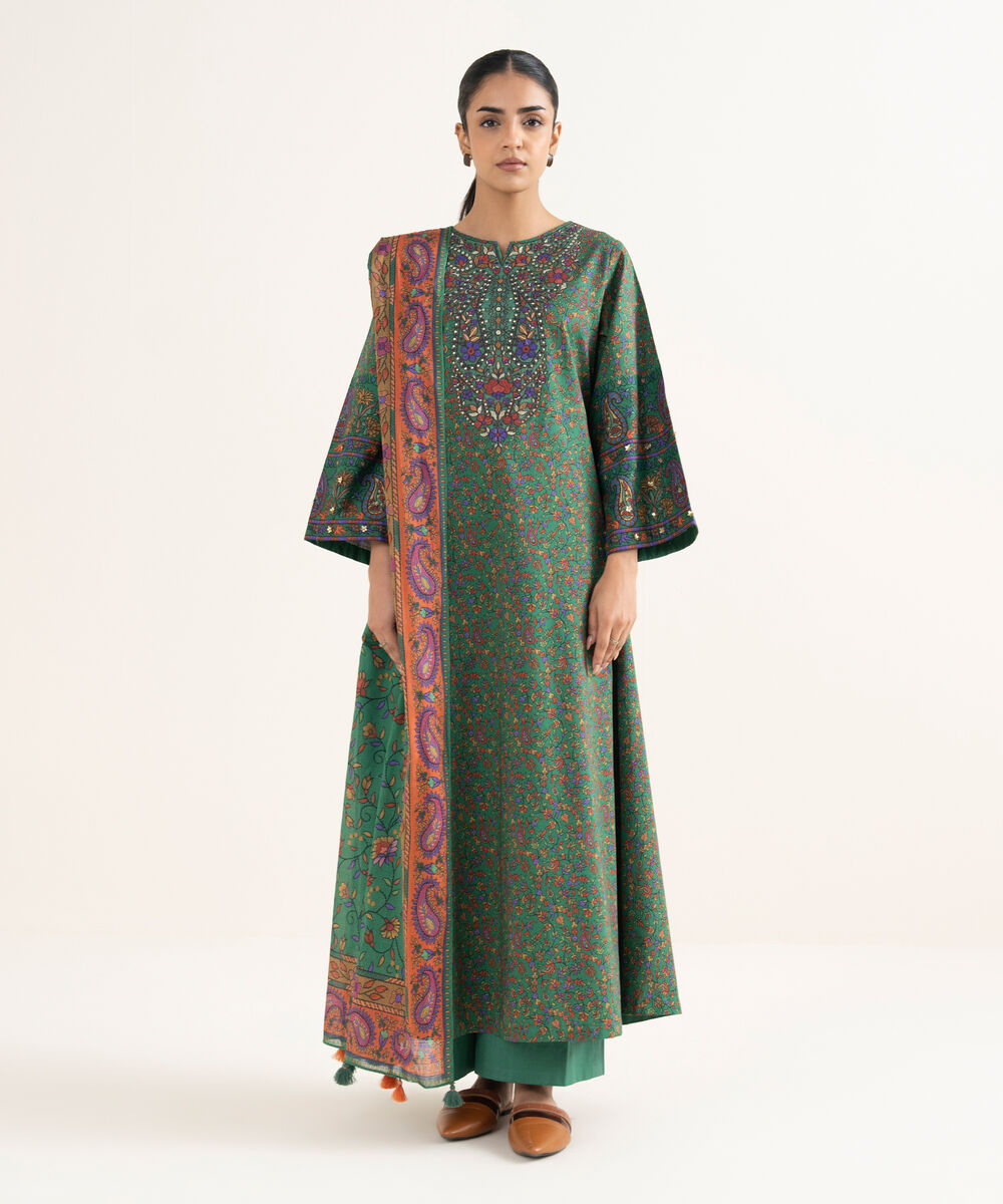 Women's Unstitched Lawn Printed Green 3 Piece Suit
