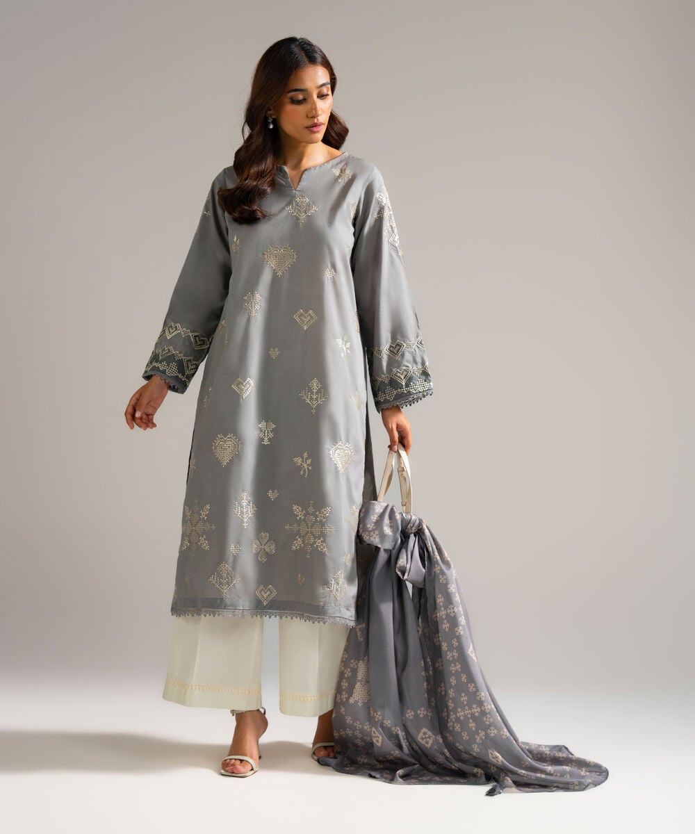 Women's RTW Lawn Embroidered Grey 2 Piece Suit