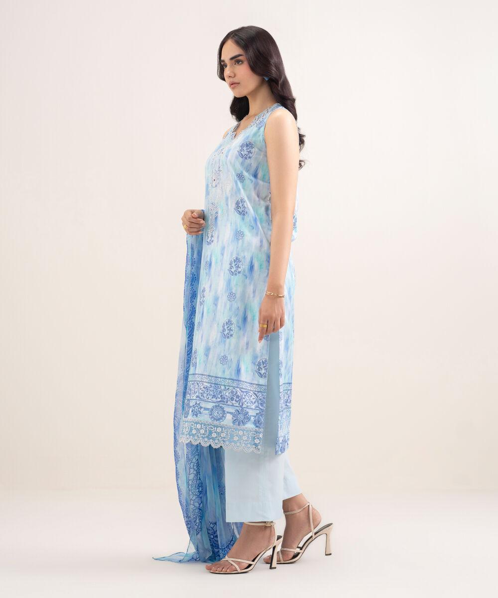 Women's Unstitched Lawn Embroidered Blue 3 Piece Suit