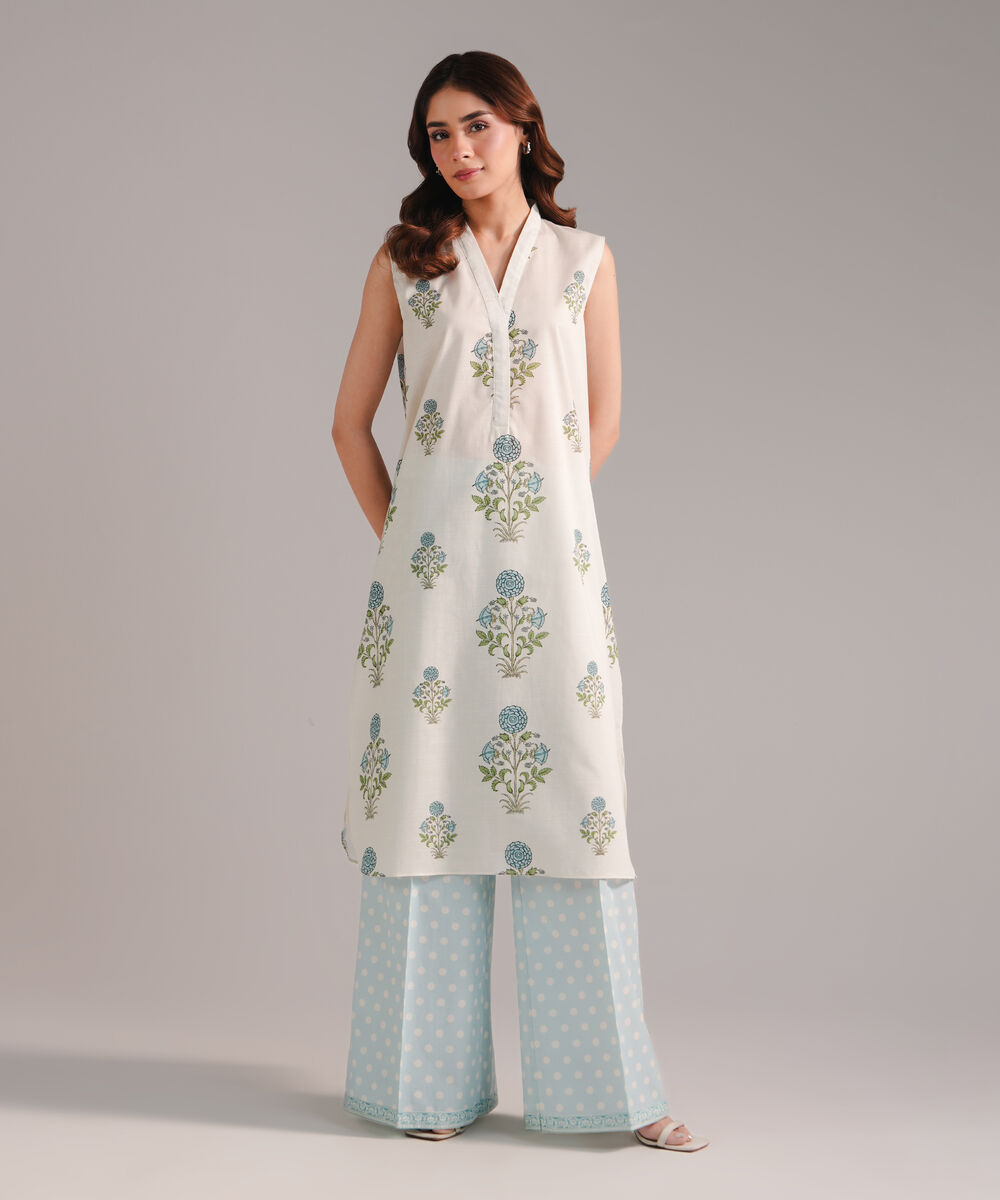 Women's RTW Slub Lawn Printed Light Blue Straight Shirt