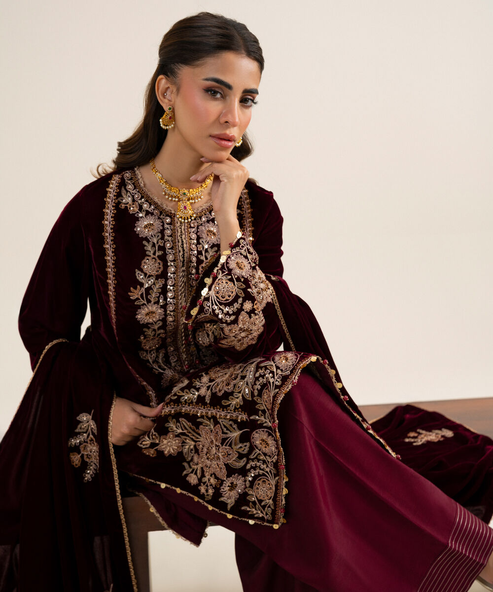 Women's Unstitched Velvet Embroidered Plum 3 Piece Suit