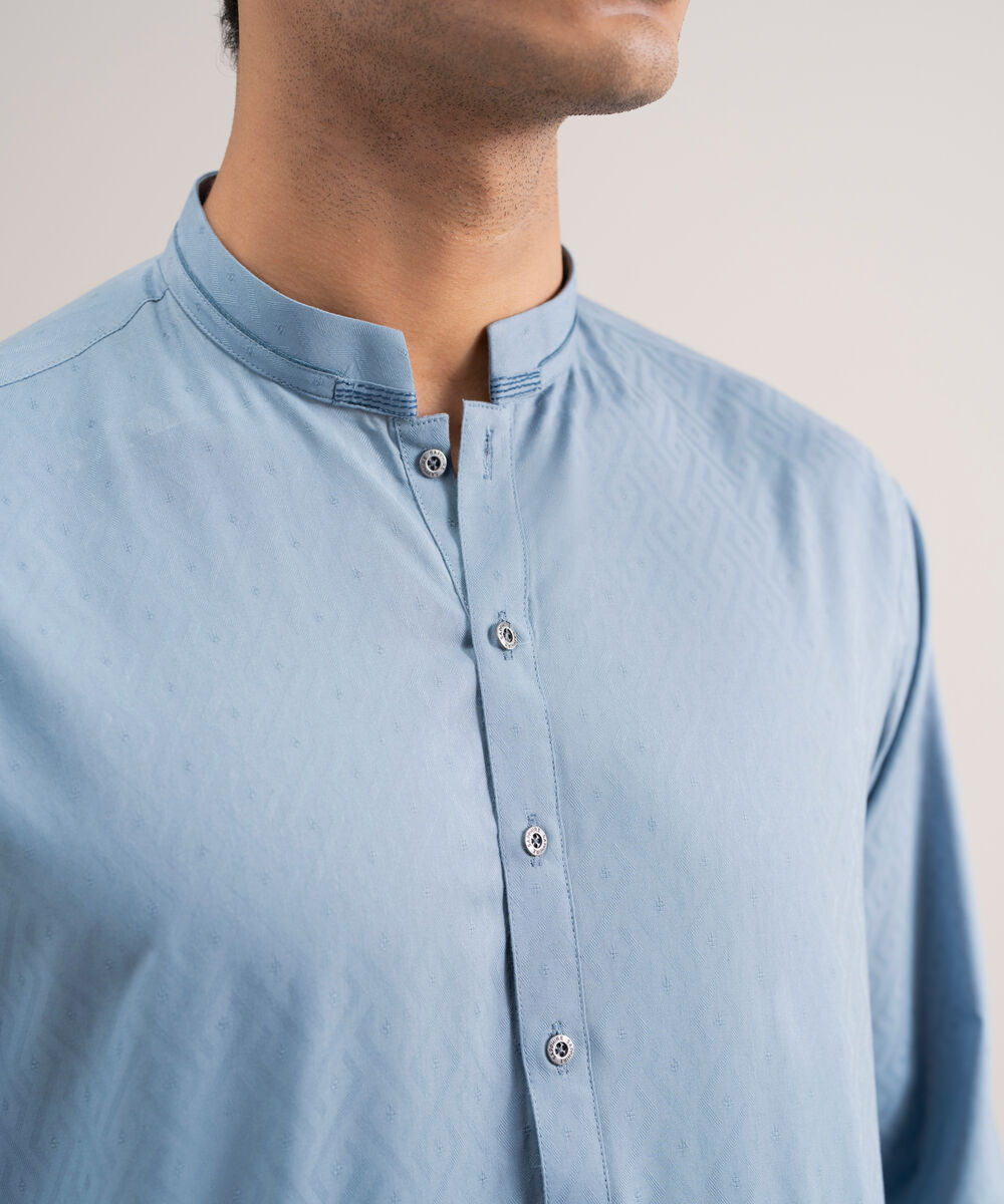Men's Stitched Cotton Jacquard Blue Grey Kurta