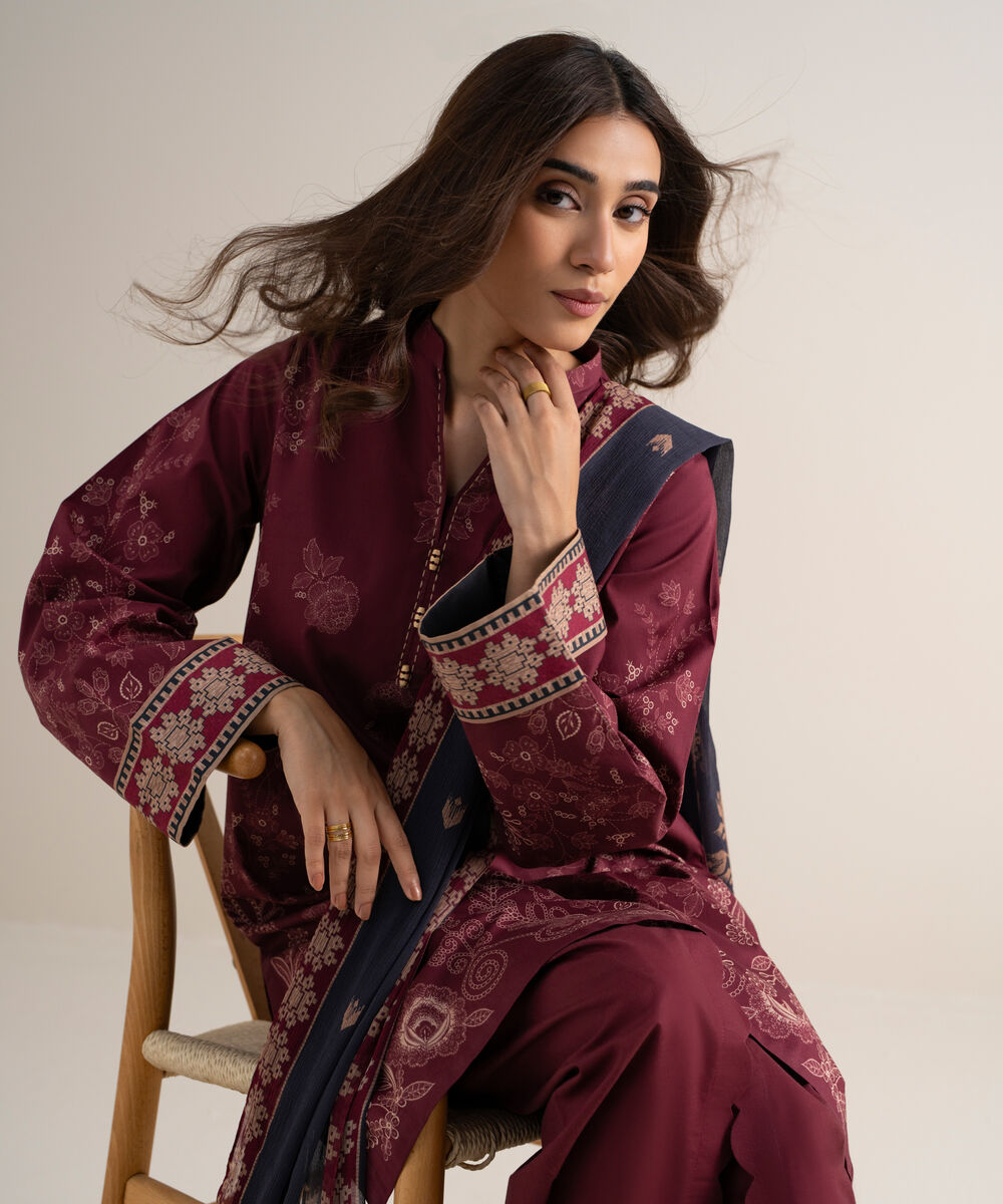 Women's Unstitched Lawn Printed Red 3 Piece Suit