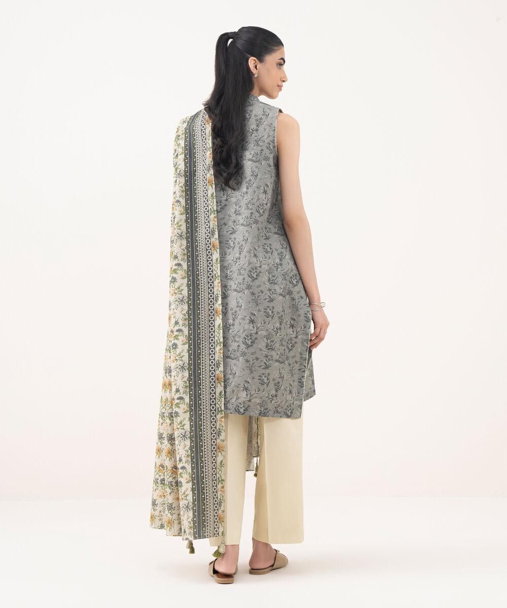 Women's Unstitched Cotton Embroidered Grey 2 Piece Suit