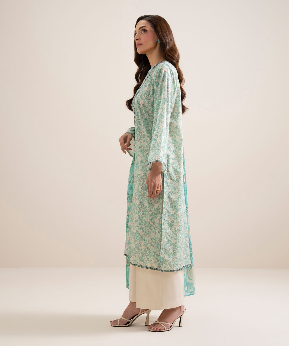 Women's Unstitched Lawn Embroidered Off White and Tea Pink 3 Piece Suit