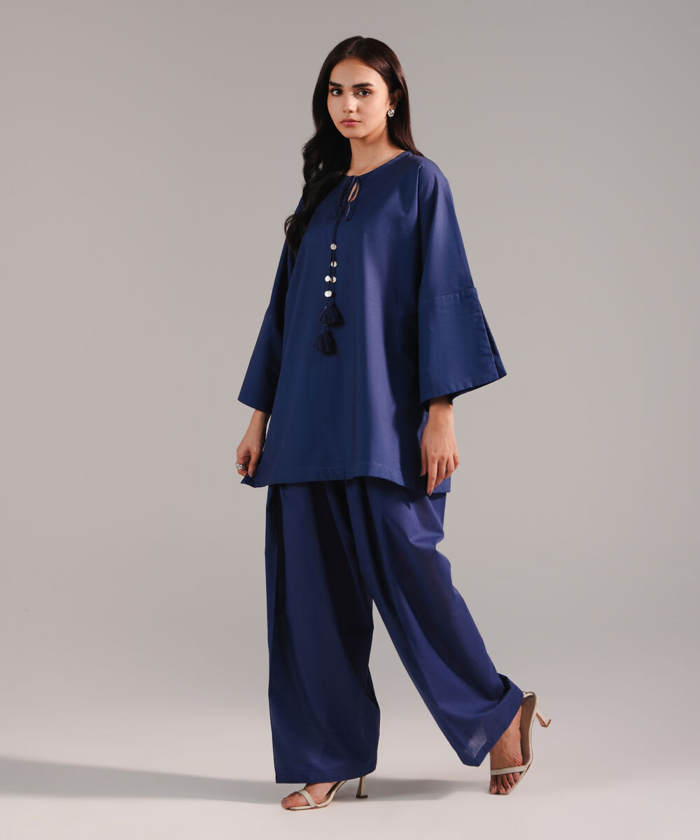 Women's RTW Crosshatch Solid Dark Blue Drop Shoulder Shirt