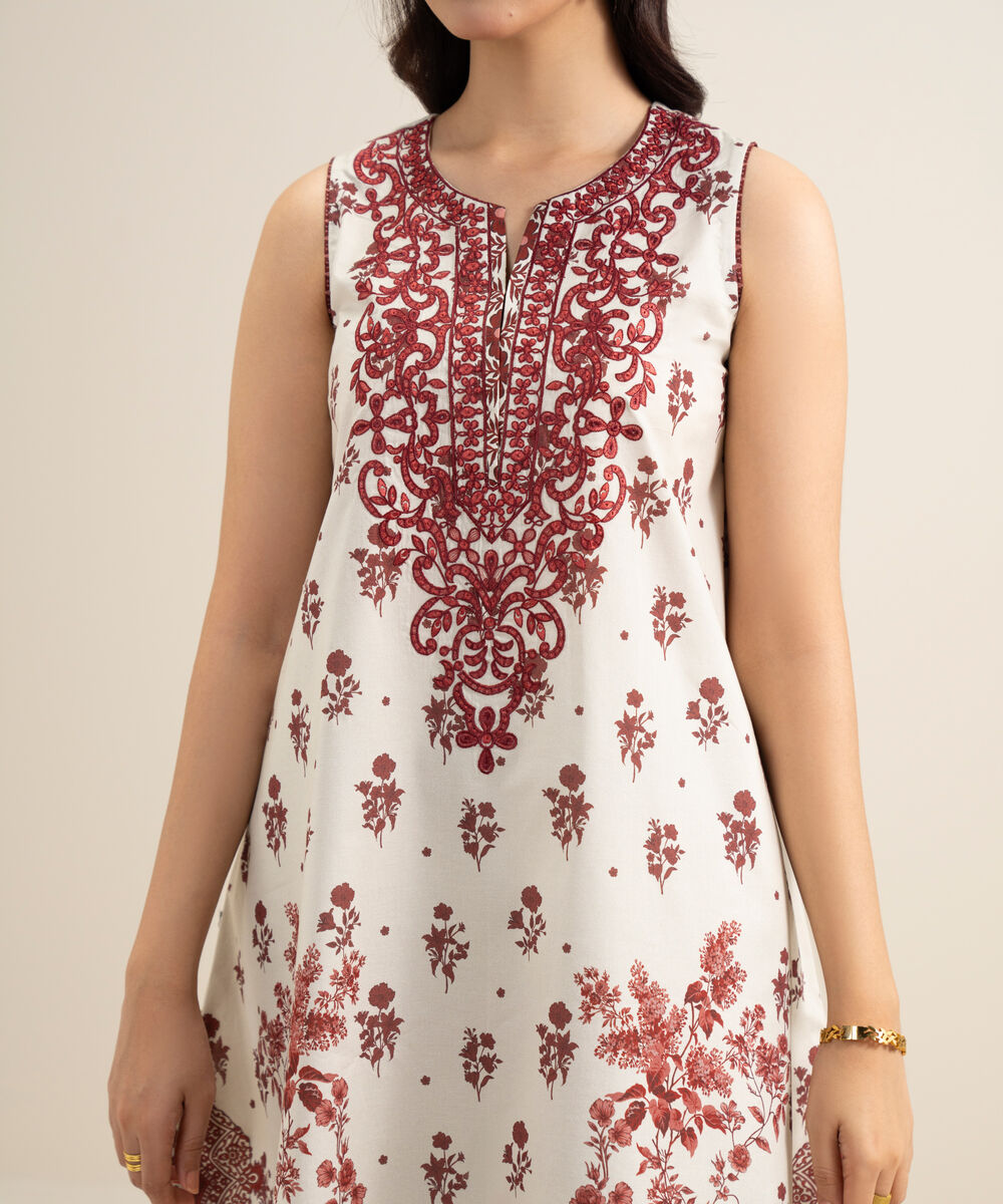 Women's Unstitched Lawn Embroidered Off White and Red 3 Piece Suit