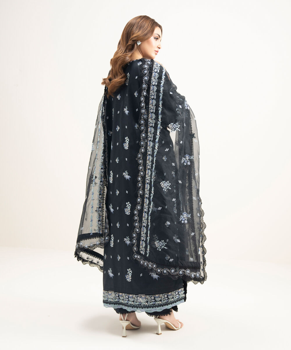 Women's Unstitched Fine Cotton Satin Embroidered Black 3 Piece Suit